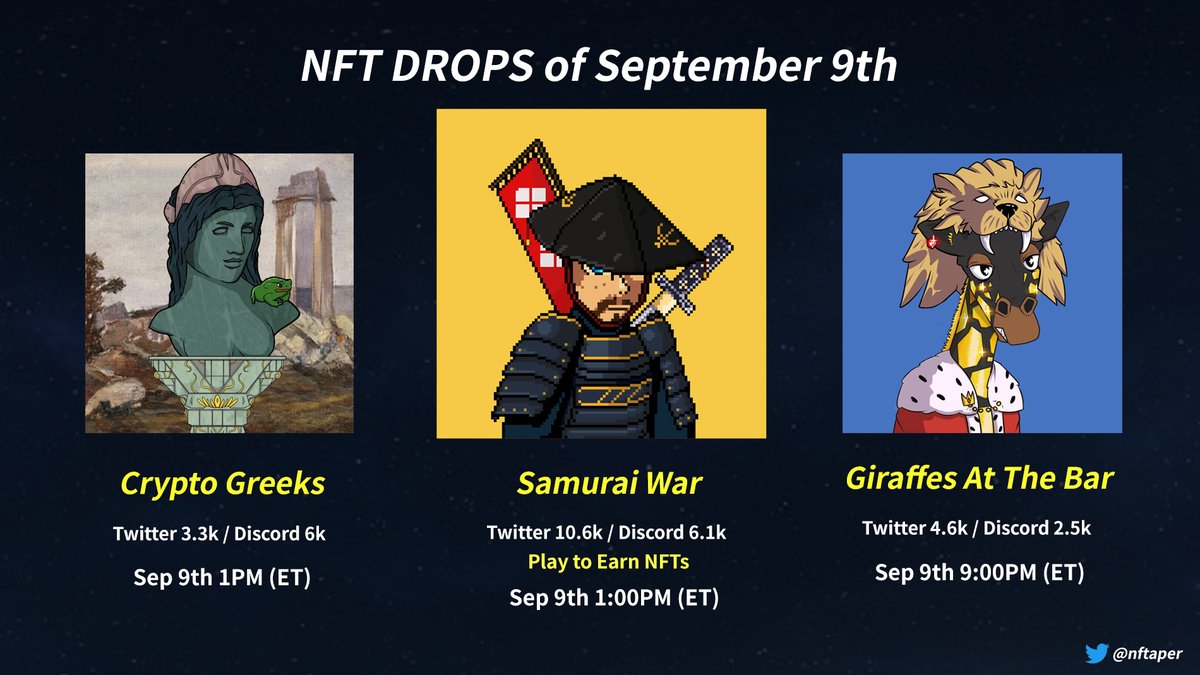 🔥NFT DROPS of SEP 9th(EDT)
---

<a href="/artblocks_io/">Art Blocks</a> Sep 9th 3PM(ET)
<a href="/samuraiwarxyz/">Samurai war⚔</a> Sep 9th 1PM(ET)
<a href="/SolCryptoGreeks/">Crypto Greeks Ω (SOLD OUT)</a> Sep 9th 1PM(ET)
<a href="/ChibiLabs/">Chibi Labs</a> Sep 9th 6PM(ET)
<a href="/NFTGiraffes/">Giraffes At The Bar NFT</a> Sep 9th 9PM(ET)

#NFTdrop #NFTLAUNCH