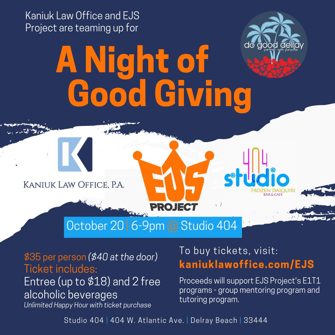 A Night of Good Giving is just over a month away! Buy your tickets today! It is an event you don't want to miss! Thx @delraychamber for organizing #DoGoodDelray, @EjsProject for amazing work you do for our youth, and Studio 404 for partnering with us to host the event!