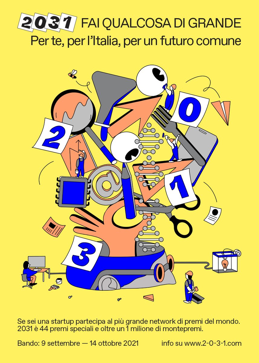 Apre oggi la più importante competition italiana per gli #innovatori e #startup. 
2031: 44 premi, oltre un milione di montepremi e decine di milioni in investimenti.
Forte focus sull’#impact e la #sostenibilità: per una #Italia ad alto contenuto di #innovazione.www.2-0-3-1.com