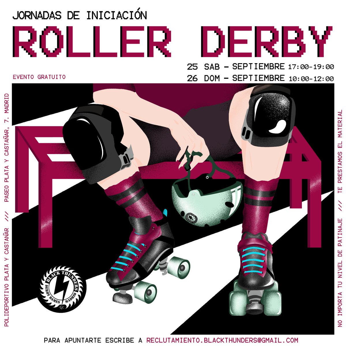 📣¡Jornadas de iniciación al roller derby a la vista!📣

Los días 25 y 26 de septiembre en el Polideportivo Plata y Castañar
Si te interesa y quieres probar escríbenos a reclutamiento.blackthunders@gmail.com 🙌
No importa el nivel que tengas de patinaje, nosotras te enseñamos