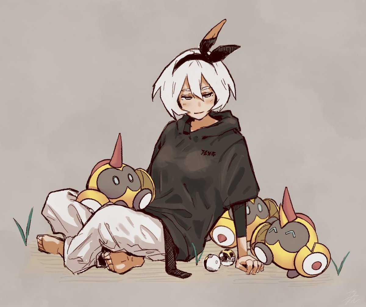 bea (pokemon) 1girl sitting barefoot pokemon (creature) pants hood dark skin  illustration images