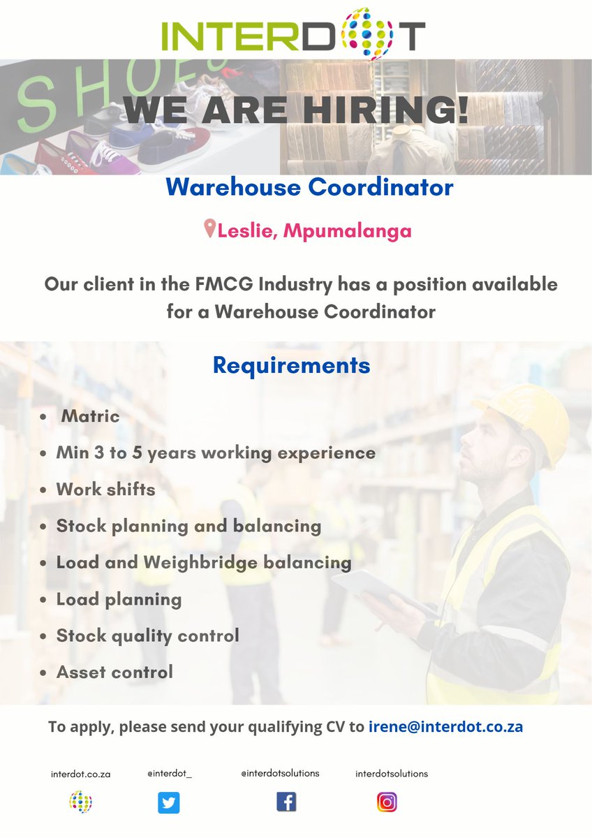 Interdot_'s tweet photo. Our Client in the FMCG Industry has a position available for a Warehouse Coordinator.

To apply. Kindly send your qualifying CV to irene@interdot.co.za https://t.co/gG81hiynyc