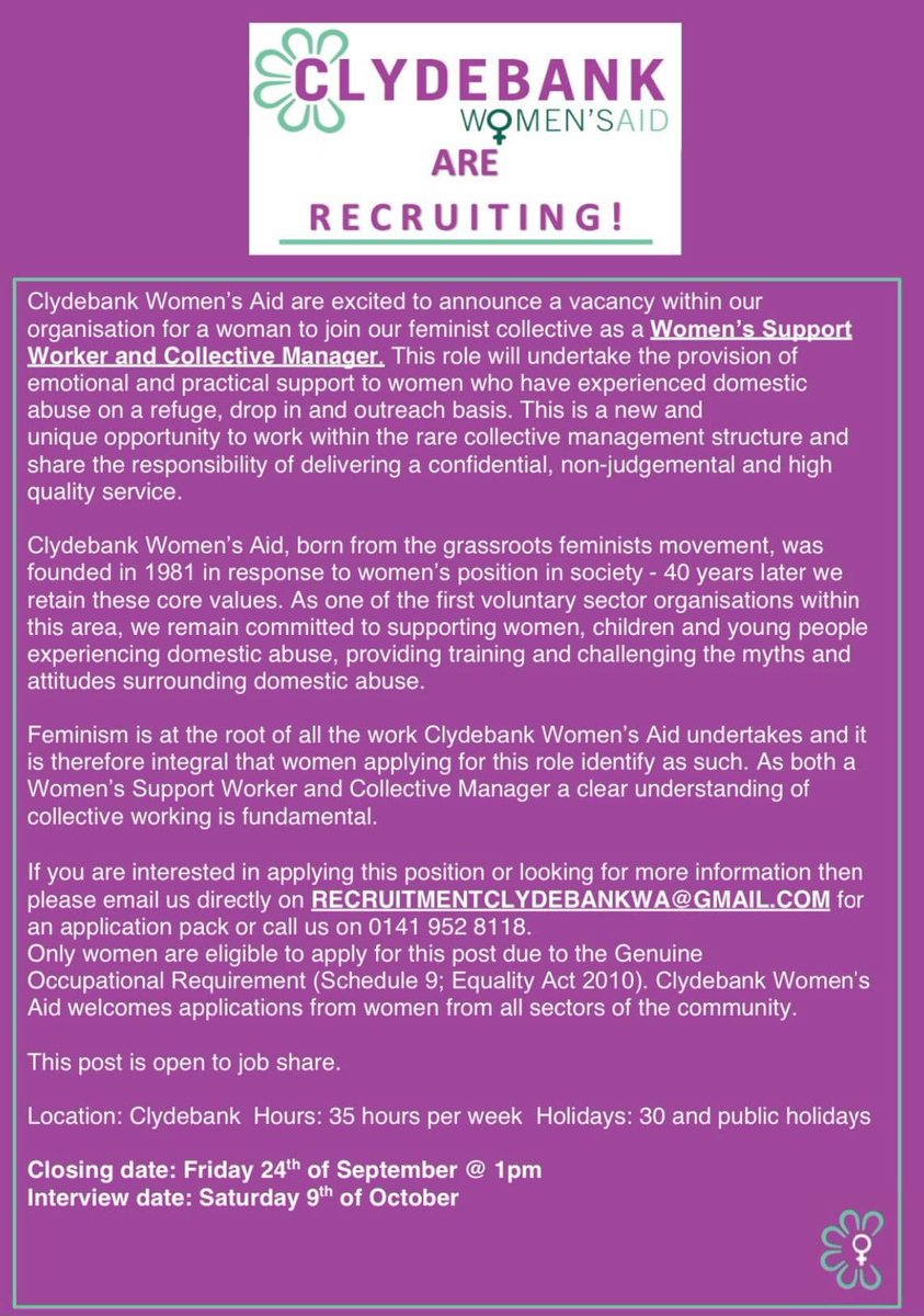 Have you seen we’re recruiting again? 👀📣 

This time for a Women’s Support Worker and Collective Manager. Information below 👇🏻 

Please retweet/share/send to any feminists you know looking for a new opportunity 💜