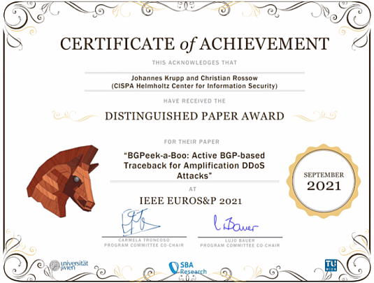 Our BGP-based amplification DDoS traceback idea just received a Distinguished Paper Award from #EuroSP21. Huge congrats to <a href="/JohKrupp/">Johannes Krupp</a>, and thanks to the positive reviewers and selection committee for promoting this work. We feel honored and grateful! @CISPA <a href="/IEEEEUROSP/">IEEE European Symposium on Security and Privacy</a>