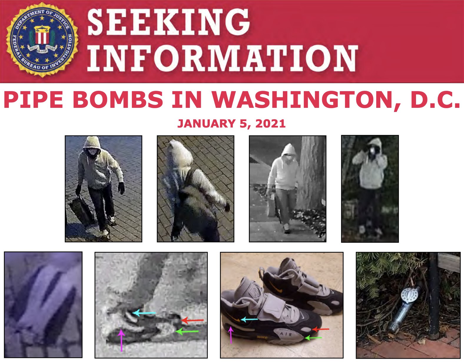 FBI on Twitter: "Previously released photos show the person wearing a face  mask, a gray hoodie, and black and gray Nike Air Max Speed Turf shoes with  a yellow logo. The #FBI