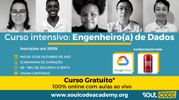 SoulCodeAcademy's tweet photo. Estão abertas as inscrições para nosso novo curso gratuito!
Torne-se um(a) Engenheiro(a) de Dados em 3 meses! Saiba mais sobre curso e inscreva-se em: https://t.co/wMd8KIiNS2

#TechForGood #EdTech #SoulCoder #TNTEnergyDrink #SoulCodeAcademy #Empregabilidade https://t.co/ZQ4g5D15IB