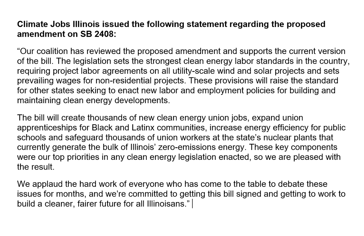 Climate Jobs Illinois issued the following statement regarding the proposed amendment on SB 2408: bit.ly/3EbX3ou