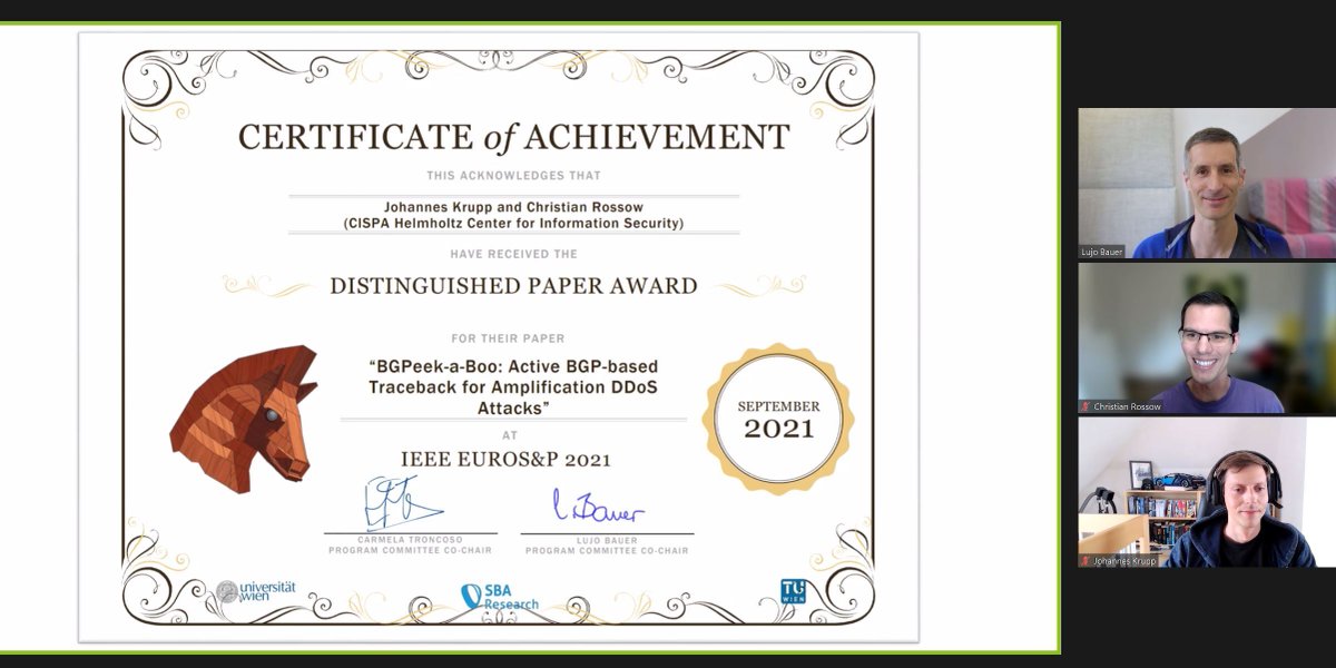 Congrats to <a href="/JohKrupp/">Johannes Krupp</a> and <a href="/chrossow/">Christian Rossow (@rossow@infosec.exchange)</a> for winning a distinguished paper award at #EuroSP21 for BGPeek-a-Boo! w <a href="/carmelatroncoso/">Carmela Troncoso</a>