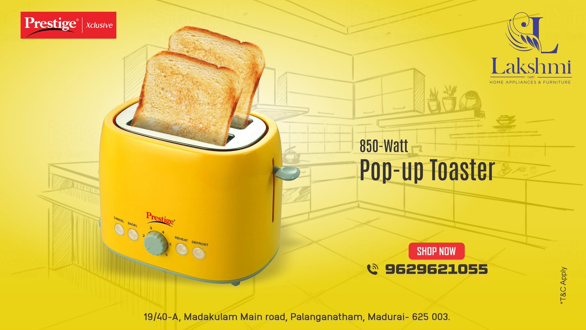 LakshmiHomeApp's tweet image. Prestige PPTPKY  850-Watt Pop-up Toaster (Yellow) @LakshmiHomeApp  
#Prestige #PopUpToaster #aluminium #850watt #lakshmihomeappliance #EasyEMI #BAJAJEMI #palanaganatham #haierrefigerator #vivomobiles #madurai #maadakulammainroad