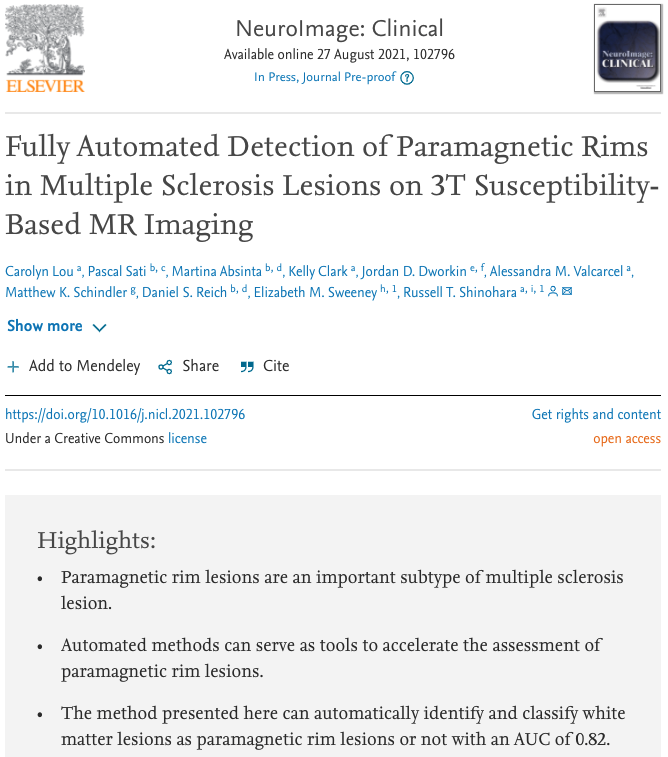 Penn_SIVE's tweet photo. 🧠 Now out in NeuroImage: Clinical 🧠 "Fully Automated Detection of Paramagnetic Rims in Multiple Sclerosis Lesions on 3T Susceptibility-Based MR Imaging" by @carolynlou_ et al! 

🔗: https://t.co/cvCteW0E32

@eic_nic @UPennDBEI https://t.co/s3HsNyESqQ
