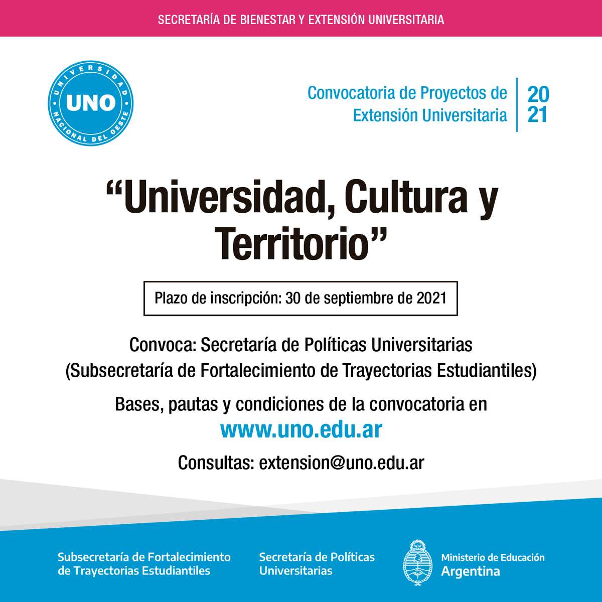 UNdelOeste's tweet photo. #Extensión | Hasta el 30/09 se encuentra abierta la convocatoria a la presentación de Proyectos de Extensión “Universidad, Cultura y Territorio”, de la Subsec. de Fortalecimiento de Trayectorias Estudiantiles, de la @PUniversitarias del @EducacionAR.

ℹ️ https://t.co/ZMJTC9ninX https://t.co/TjBceFhRL5
