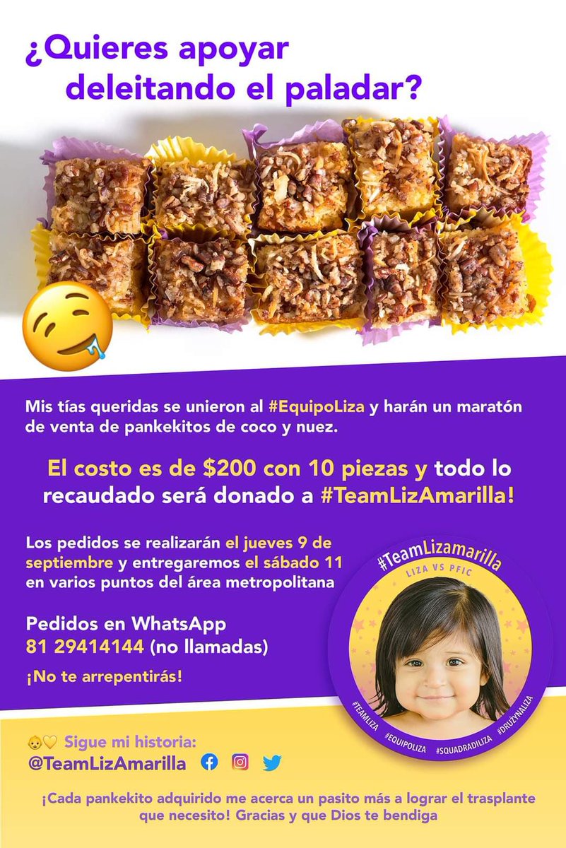 La pequeña Liza requiere un trasplante de hígado pero no tiene los medios para llevarlo a cabo. El día de hoy estará levantando pedidos de pankekitos para reunir fondos. Más info en la imagen.

Su historia la pueden ver en <a href="/TeamLizAmarilla/">TeamLiza</a>

Gracias por compartir <a href="/DraKarenRosale1/">Dra.Karen Rosales M.</a>