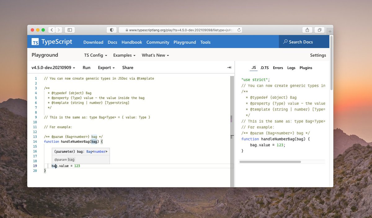 @orta@webtoo.ls --leave-this-site (@orta) on Twitter photo Continuing on <a href="/rbuckton/">Ron Buckton</a>’s @TypeScript 4.5 JSDoc improvements, in nightlies you can now define generic types via the @template tag
Playground: typescriptlang.org/play?ts=4.5.0-…
PR: github.com/microsoft/Type… Continuing on <a href="/rbuckton/">Ron Buckton</a>’s @TypeScript 4.5 JSDoc improvements, in nightlies you can now define generic types via the @template tag
Playground: typescriptlang.org/play?ts=4.5.0-…
PR: github.com/microsoft/Type…