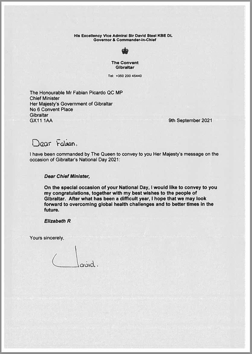 FabianPicardo's tweet photo. On the eve of National Day, I have received a message for #Gibraltar from HM The Queen: '...I would like to convey to you my congratulations together with my best wishes to the people of Gibraltar.' 

Happy Gibraltar #NationalDay. 

God Save The Queen. 
@RoyalFamily @Convent_Gib https://t.co/V2ycptJKKQ