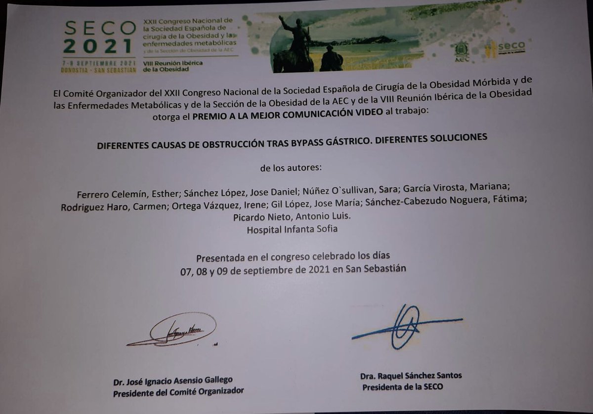Dr J. Daniel Sánchez (@drjdsanchezphd) on Twitter photo Nuestra Unidad de Cirugía Bariátrica se vuelve del congreso <a href="/SECO_2021/">SECO 2021 San Sebastián</a> con DOS PREMIOS bajo el brazo. Premio al mejor vídeo de la Casoteca Seco en 2021 y Premio a la mejor comunicación vídeo del congreso. Motivación para seguir adelante! <a href="/viamedsalud/">Viamed Salud</a> <a href="/CirLapMadrid/">Cirugía Laparoscópica Madrid</a> Nuestra Unidad de Cirugía Bariátrica se vuelve del congreso <a href="/SECO_2021/">SECO 2021 San Sebastián</a> con DOS PREMIOS bajo el brazo. Premio al mejor vídeo de la Casoteca Seco en 2021 y Premio a la mejor comunicación vídeo del congreso. Motivación para seguir adelante! <a href="/viamedsalud/">Viamed Salud</a> <a href="/CirLapMadrid/">Cirugía Laparoscópica Madrid</a>