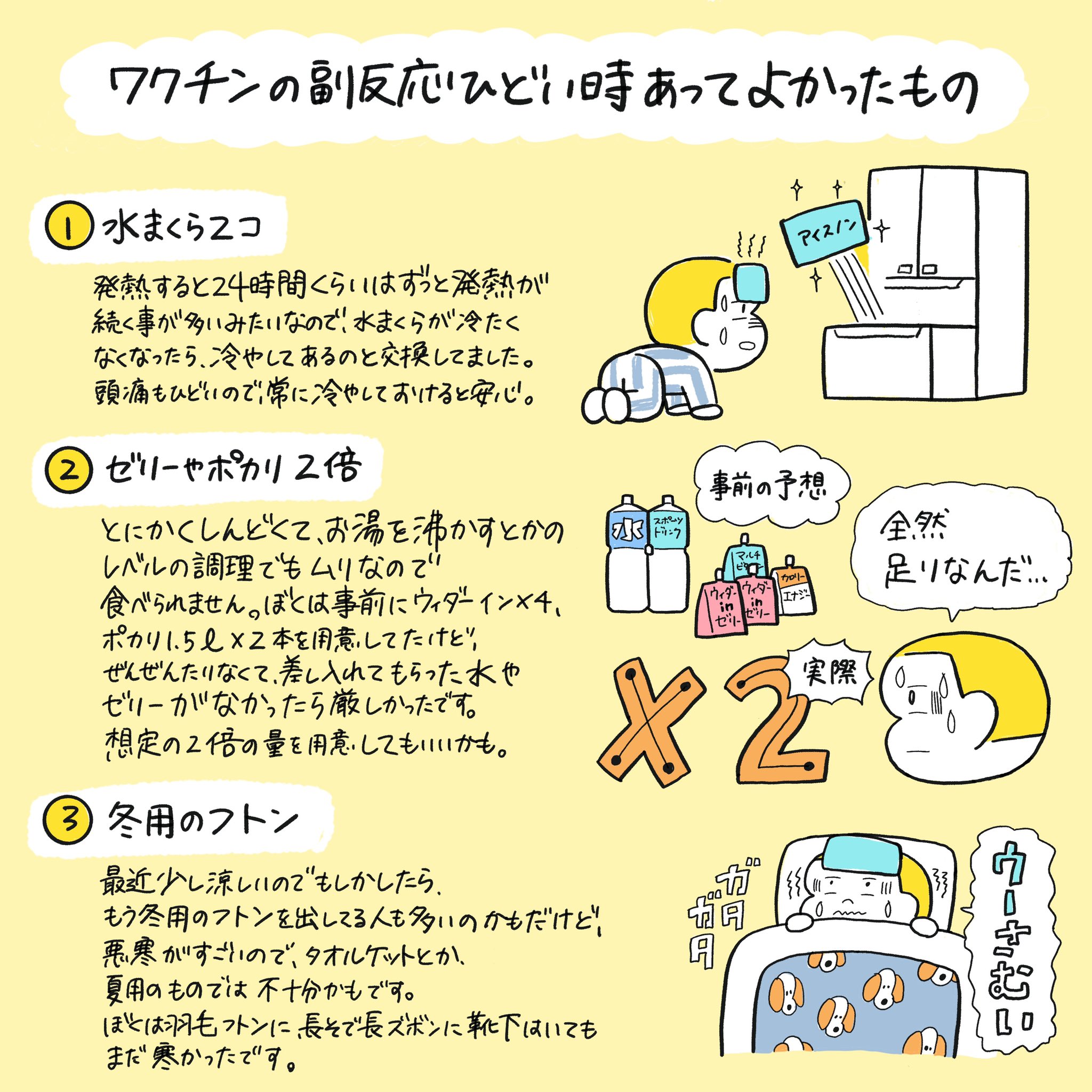 アボット奥谷 ワクチンの副反応がひどくて 39度以上の熱と悪寒 筋肉痛 関節痛などの症状あっ たんですけど 解熱剤など一般的に言われてるものの他に 個人的にこれあってよかったなというものまとめました T Co Yfzdxg5z2w Twitter