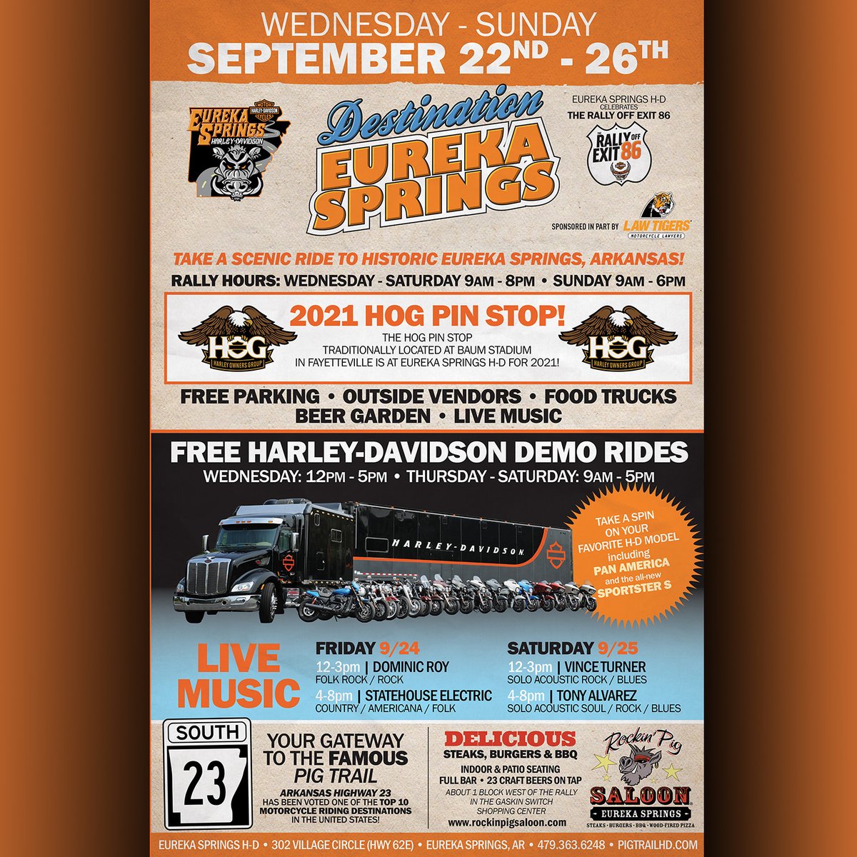 Eureka Springs Harley-Davidson welcomes our rider friends to join us Sep 22-25 for Harley-Davidson Demo Rides, Harley Owners Group Pin Stop, Vendors, and a great atmosphere.  
See you Soon!