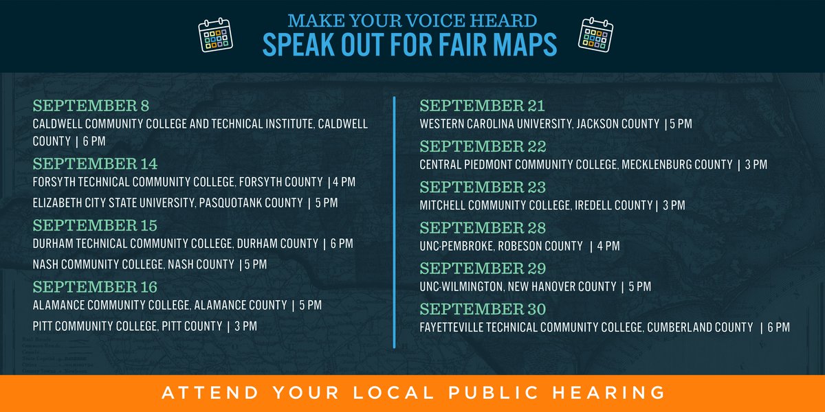 NCDemParty's tweet photo. Redistricting is happening NOW across the state. Speak out at your local hearing for fair maps and a transparent process. Keep checking https://t.co/0nDjkOHUZA to see when registration goes live for your meeting. https://t.co/qGG7f8x5nM