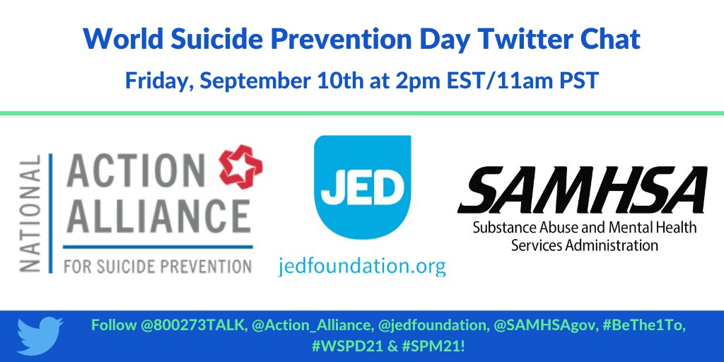 SAMHSA (@samhsagov) on Twitter photo Tomorrow is #WorldSuicidePreventionDay
We'll be joining <a href="/800273TALK/">The Lifeline</a> <a href="/Action_Alliance/">Action Alliance</a> <a href="/jedfoundation/">JED</a> for a #BeThe1To Twitter Chat to discuss #SuicidePrevention, youth, and available resources.
Join us tomorrow, 9/10 at 2PM ET! #SPM21 Tomorrow is #WorldSuicidePreventionDay
We'll be joining <a href="/800273TALK/">The Lifeline</a> <a href="/Action_Alliance/">Action Alliance</a> <a href="/jedfoundation/">JED</a> for a #BeThe1To Twitter Chat to discuss #SuicidePrevention, youth, and available resources.
Join us tomorrow, 9/10 at 2PM ET! #SPM21