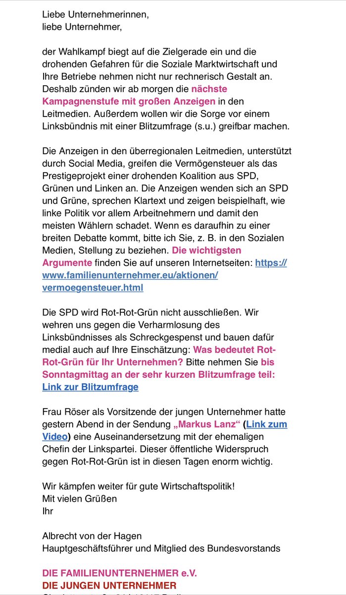 TiloJung's tweet photo. 🛑 Der Lobbyverband „Die Familienunternehmer“ plant eine neue Angst-Kampagne gegen Rotrotgrün („Verharmlosung d. Linksbündnis als Schreckgespenst“) inkl. manipulativer Umfrage

Hier sind die Fragen + die Originalmail 🤡

(Fallt auf die kommende mediale Propaganda also nicht rein) https://t.co/1moURw52B9