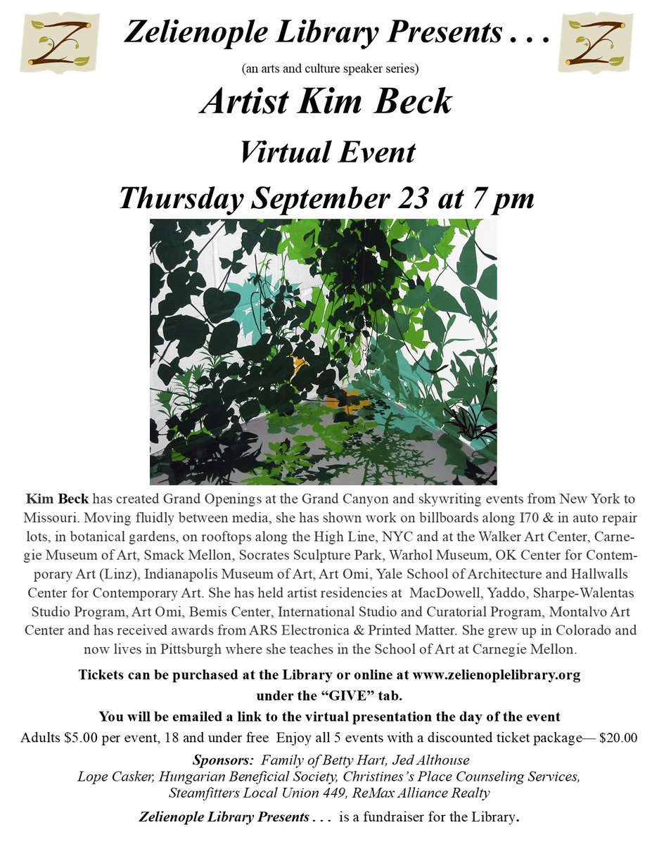 LZelienople's tweet photo. Sept.  23 at 7 pm  Multimedia Artist Kim Beck                                                                                                         This will be a virtual presentation.  Ticket holders will receive a link to the presentation the day of the event. 
Tickets $5. https://t.co/9z2VwmfhNN