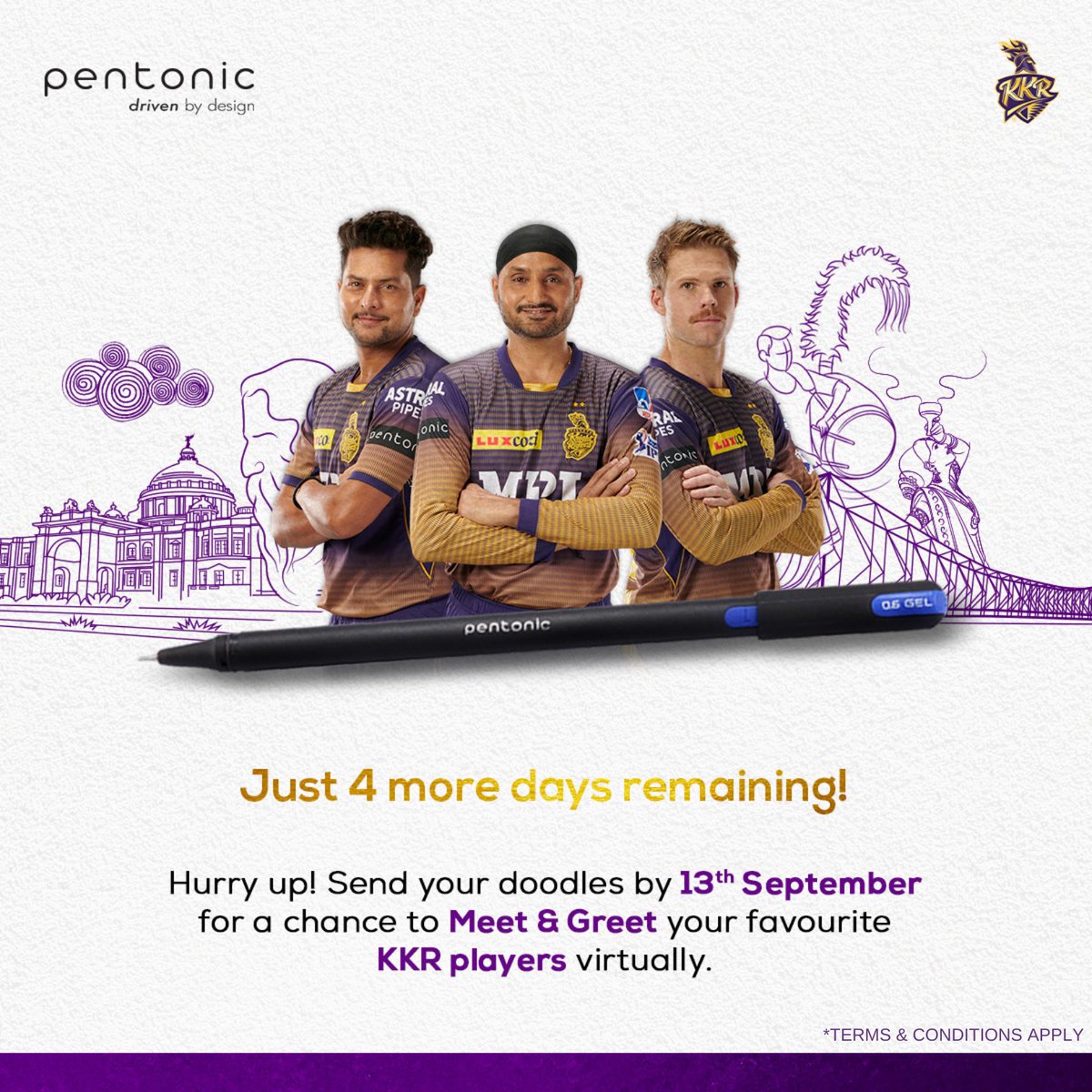 KKRiders's tweet image. Enter the Doodle Contest by 13th September &amp;amp; show your love for Kolkata by doodling anything that is associated with the City of Joy! 💜 

3️⃣ lucky winners will get a chance to meet &amp;amp; greet #KKR players virtually on 16th September 2021 🤩

#KorboLorboJeetbo #Pentonic