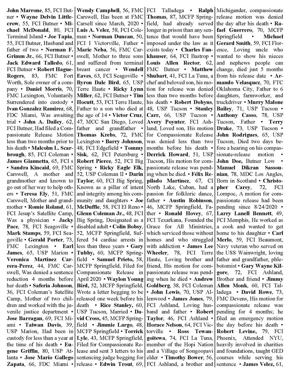 alison_guernsey's tweet image. Your weekly reminder that people are still dying in @OfficialFBOP custody from COVID. Just this past weekend, 2 more people were added to the growing list of those we failed to protect. The # of deaths of people in federal custody is now at least 268. Read their names.
