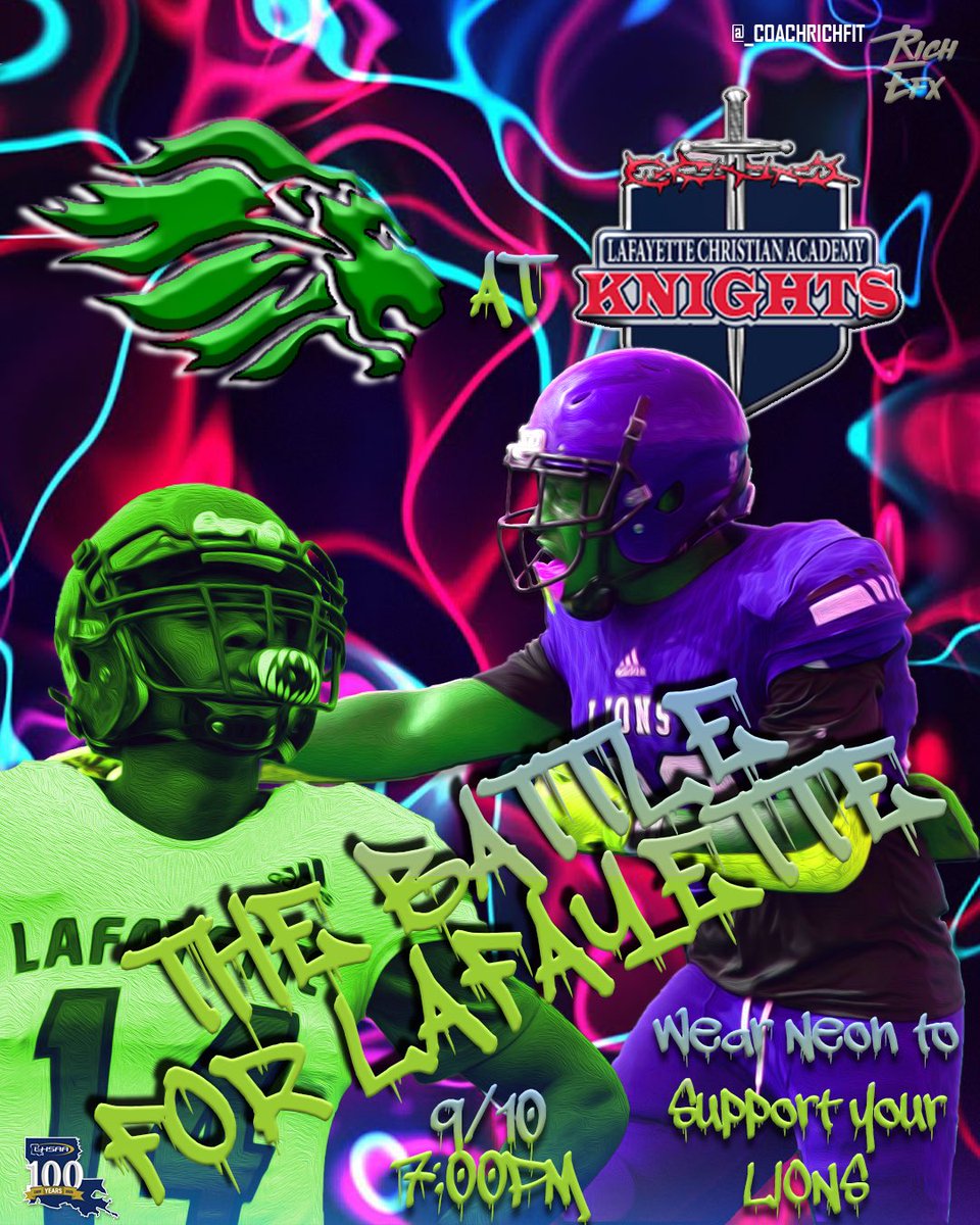 _CoachRichFit's tweet photo. 🚨Week 2 Matchup🚨
📆 Sept 10
🦁 @football_lions (1-0) at ⚔️@LCAKnights (1-0)
📍Knights Field
⏰7PM

@Mitch_Craft42 @CoachRegg6 @MikeRevere @KATCTV3 @GeauxPrepsLA @14_0productions @theadvocateaca @Louisiana5A @LAFBReport https://t.co/tyIIRoc3cS