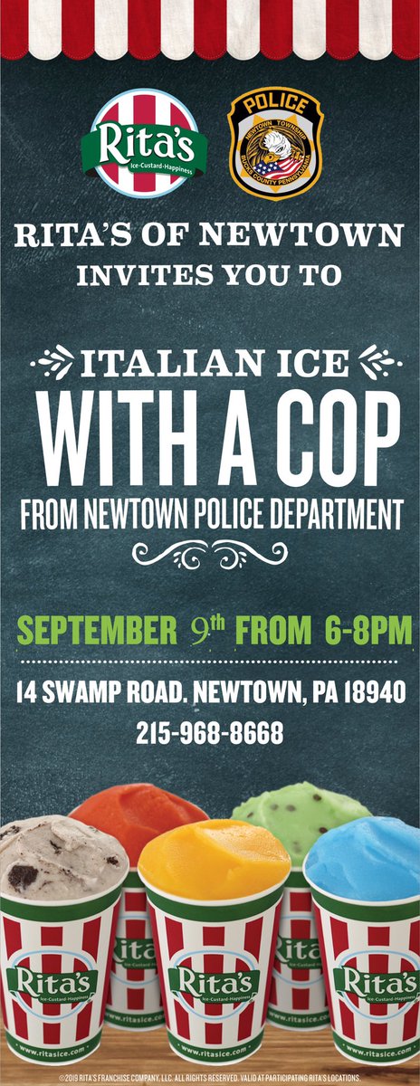 Newtown_Police's tweet photo. Tonight from 6-8 p.m. we will be at @RitasItalianIce #newtown for #ItalianIcewithaCop 

🍧Water Ice is free for kids 12 and under. 🍧 

We hope to see you there! 👮‍♂️🍧🍦👮#communitypolicing https://t.co/4J37k5a4DZ