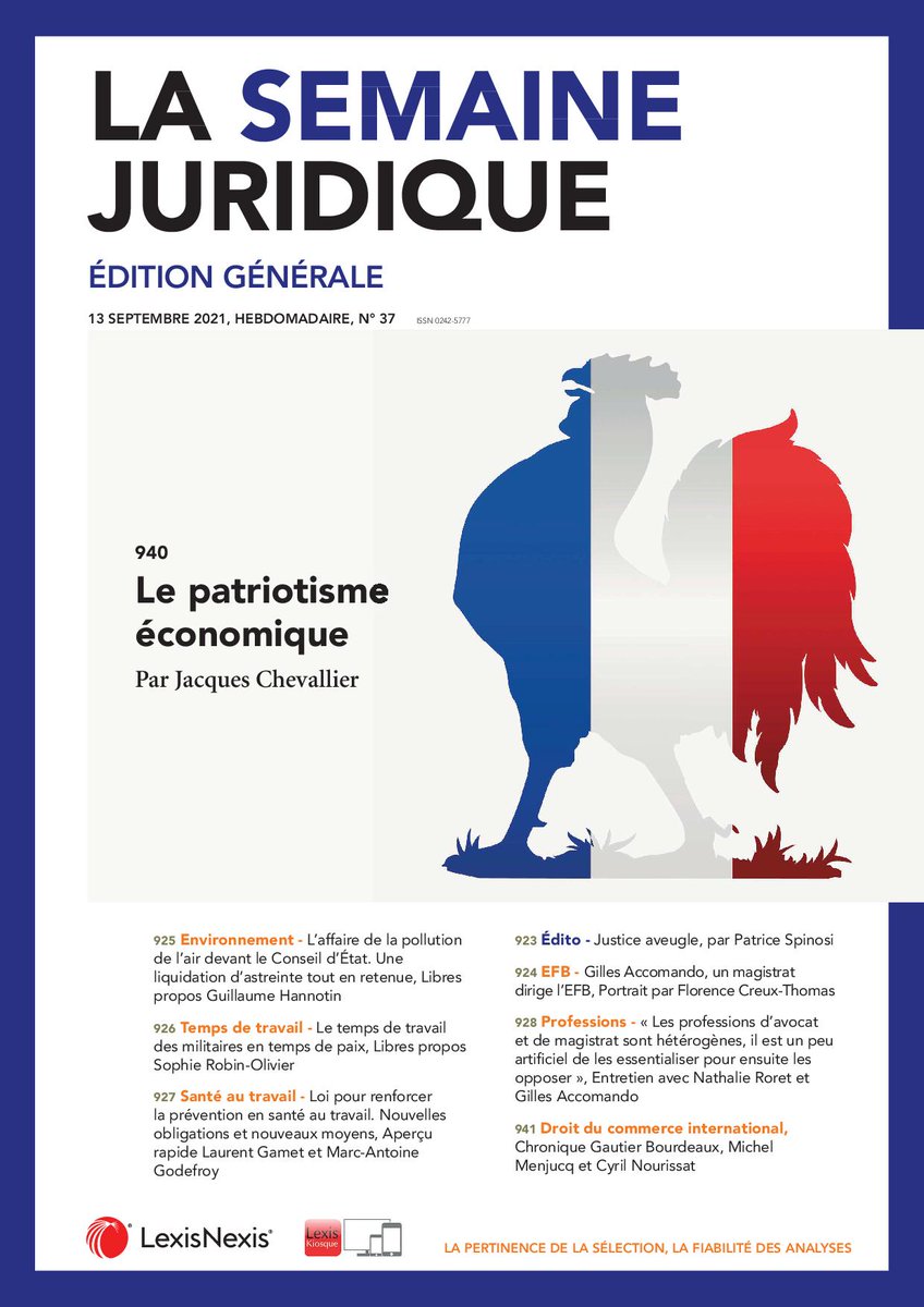 JCP_G's tweet photo. À la Une du #JCPG 13/9 #PatriotismeÉconomique #Économie #Pandémie #Mondialisation #Pollution #Air #��tat #Astreinte #Militaires #TempsDeTravail #Prévention #SantéAuTravail #EFB #ENM #Avocats #Magistrats #CommerceInternational #JusticeAveugle https://t.co/hqNauLf8uN