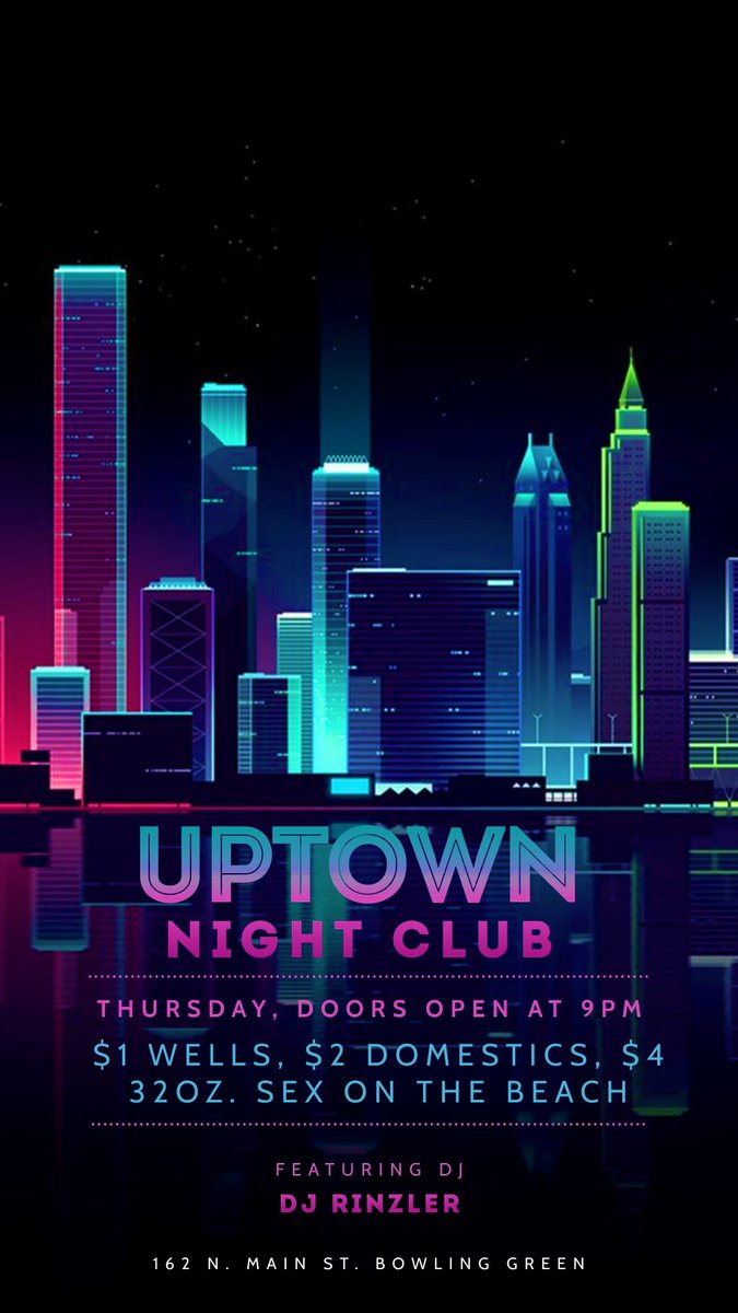 We all know #ThirstyThursday is the best night in Bowling Green! 

Tonight’s specials are dangerous😳
$1 WELLS
$2 DOMESTICS
$4 32OZ. SEX ON THE BEACH