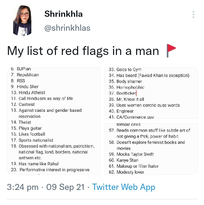 levering reservation solid Jitto Thomas on Twitter: "@shrinkhlas My list of red flags in a woman 🚩 1.  Takes Shrinkhlas list seriously. https://t.co/cFzjVtIxW6" / Twitter