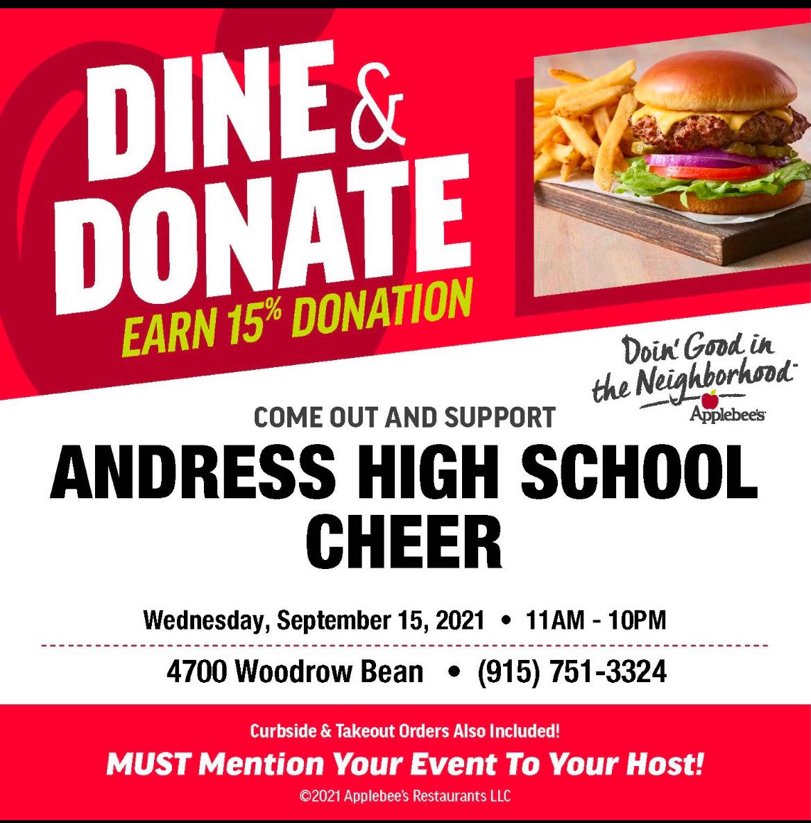 Help support Andress Cheer by eating at Applebee’s on Wednesday, September 15th!🦅📣