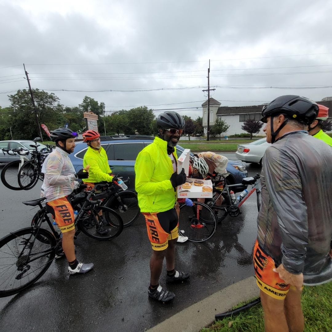 What do you do when you have a flat tire at mile 21 on the last stage of a 40 day journey from LA to NY?

Have a donut party.

firevelo.com