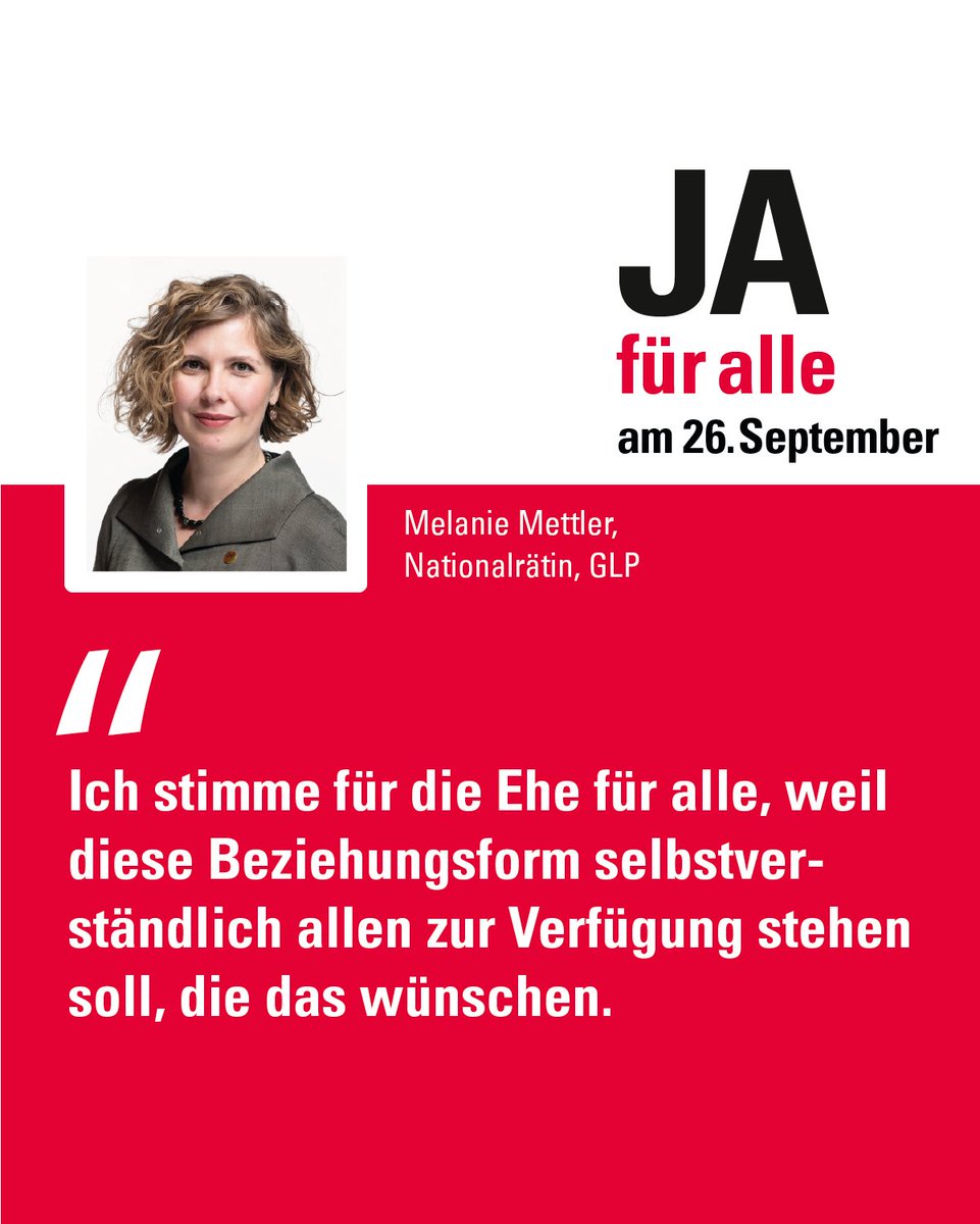 JA für alle (@ja_fuer_alle) on Twitter photo Nationalrätin <a href="/doppel_m/">Melanie Mettler</a> macht Schluss mit #Diskriminierung! Mach mit und stimme am 26. September JA zur «Ehe für alle»!
Weitere Argumente und Informationen zur Abstimmung findest du unter 👉🏻 jafueralle.ch
#JaFuerAlle #EheFuerAlle
#Abst21 #CHvote
<a href="/grunliberale/">Grünliberale Schweiz</a> Nationalrätin <a href="/doppel_m/">Melanie Mettler</a> macht Schluss mit #Diskriminierung! Mach mit und stimme am 26. September JA zur «Ehe für alle»!
Weitere Argumente und Informationen zur Abstimmung findest du unter 👉🏻 jafueralle.ch
#JaFuerAlle #EheFuerAlle
#Abst21 #CHvote
<a href="/grunliberale/">Grünliberale Schweiz</a>