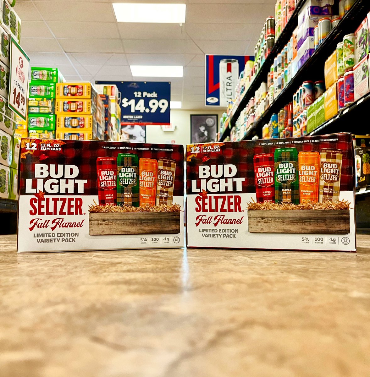 New <a href="/budlight/">Bud Light</a> seltzer is available now!🍁 The Fall Flannel variety pack includes: Apple Crisp, Maple Pear, Pumpkin Spice, and Toasted Marshmallow! 🍁 Start Autumn off right and pick up your 12PK today - limited edition (while supplies last) 🤩 
•
#fallflannel #cheers #buylocal