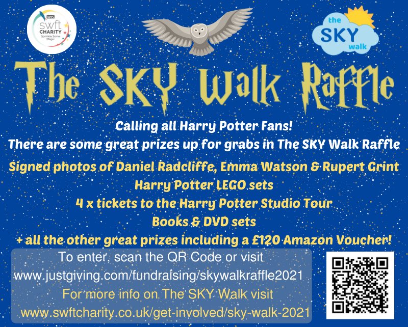 If you haven’t already got your Sky Walk raffle tickets, don’t worry, there’s still time! 
There’s some great prizes including a £120 Amazon Voucher, signed photos of the Harry Potter cast as well as tickets for the  Studio Tour.
Click here to enter :
justgiving.com/fundraising/sk…