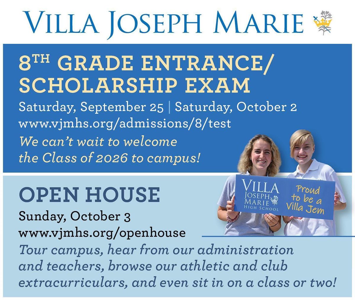 Villa Joseph Marie (@vjmhs) on Twitter photo vjmhs.org/visitvilla
Register today for our ๐ด๐๐ต ๐๐ฟ๐ฎ๐ฑ๐ฒ ๐๐ป๐๐ฟ๐ฎ๐ป๐ฐ๐ฒ/๐ฆ๐ฐ๐ต๐ผ๐น๐ฎ๐ฟ๐๐ต๐ถ๐ฝ ๐๐
๐ฎ๐บ๐ถ๐ป๐ฎ๐๐ถ๐ผ๐ป on Sept. 25 or Oct. 2 and our in-person ๐ข๐ฝ๐ฒ๐ป ๐๐ผ๐๐๐ฒ on Sunday, Oct. 3. We canโt wait to welcome you to campus! ๐ #AlwaysVilla vjmhs.org/visitvilla
Register today for our ๐ด๐๐ต ๐๐ฟ๐ฎ๐ฑ๐ฒ ๐๐ป๐๐ฟ๐ฎ๐ป๐ฐ๐ฒ/๐ฆ๐ฐ๐ต๐ผ๐น๐ฎ๐ฟ๐๐ต๐ถ๐ฝ ๐๐
๐ฎ๐บ๐ถ๐ป๐ฎ๐๐ถ๐ผ๐ป on Sept. 25 or Oct. 2 and our in-person ๐ข๐ฝ๐ฒ๐ป ๐๐ผ๐๐๐ฒ on Sunday, Oct. 3. We canโt wait to welcome you to campus! ๐ #AlwaysVilla