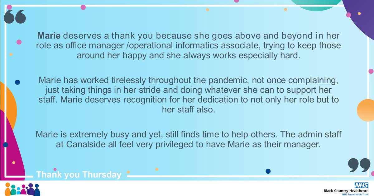 BlackCountryNHS's tweet image. We're back with a brand new #ThankYouThursday — this time for Marie Hodson from our Walsall CAMHS team! 👏🏻🌈

Thank you Marie for all you do at Canalside and more! It's bostin' people like you that make this our favourite day of the week 💙 #WeAreBlackCountry #NHSThankYou