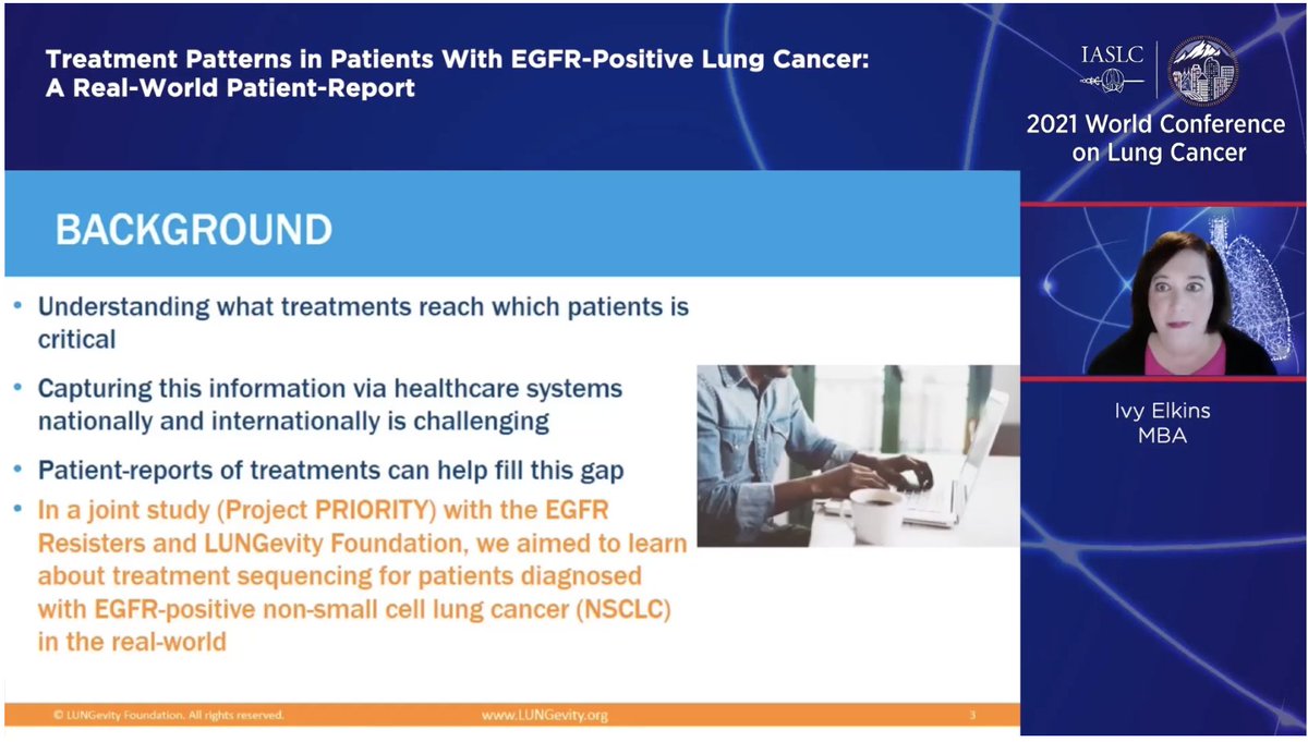 ivybelkins's tweet photo. So proud to be able to present #ProjectPRIORITY real world data on behalf of the @EGFRResisters &amp; @LUNGevity. As a patient-driven group, we have members across institutions/countries that can report their actual treatment trajectories. #WCLC21 #lcsm #EGFR #lungcancer @OncoAlert https://t.co/kt8G0Lt1MZ