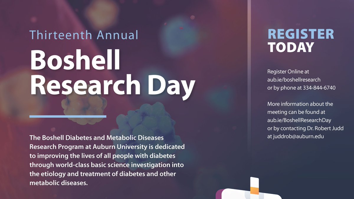 The 13th Annual Boshell Research Day, scheduled for Friday, September 17, 2021, brings together experts from around the United States to present current topics related to diabetes and the role of obesity in its development. 

Learn more and register here: vetmed.auburn.edu/boshell/boshel…