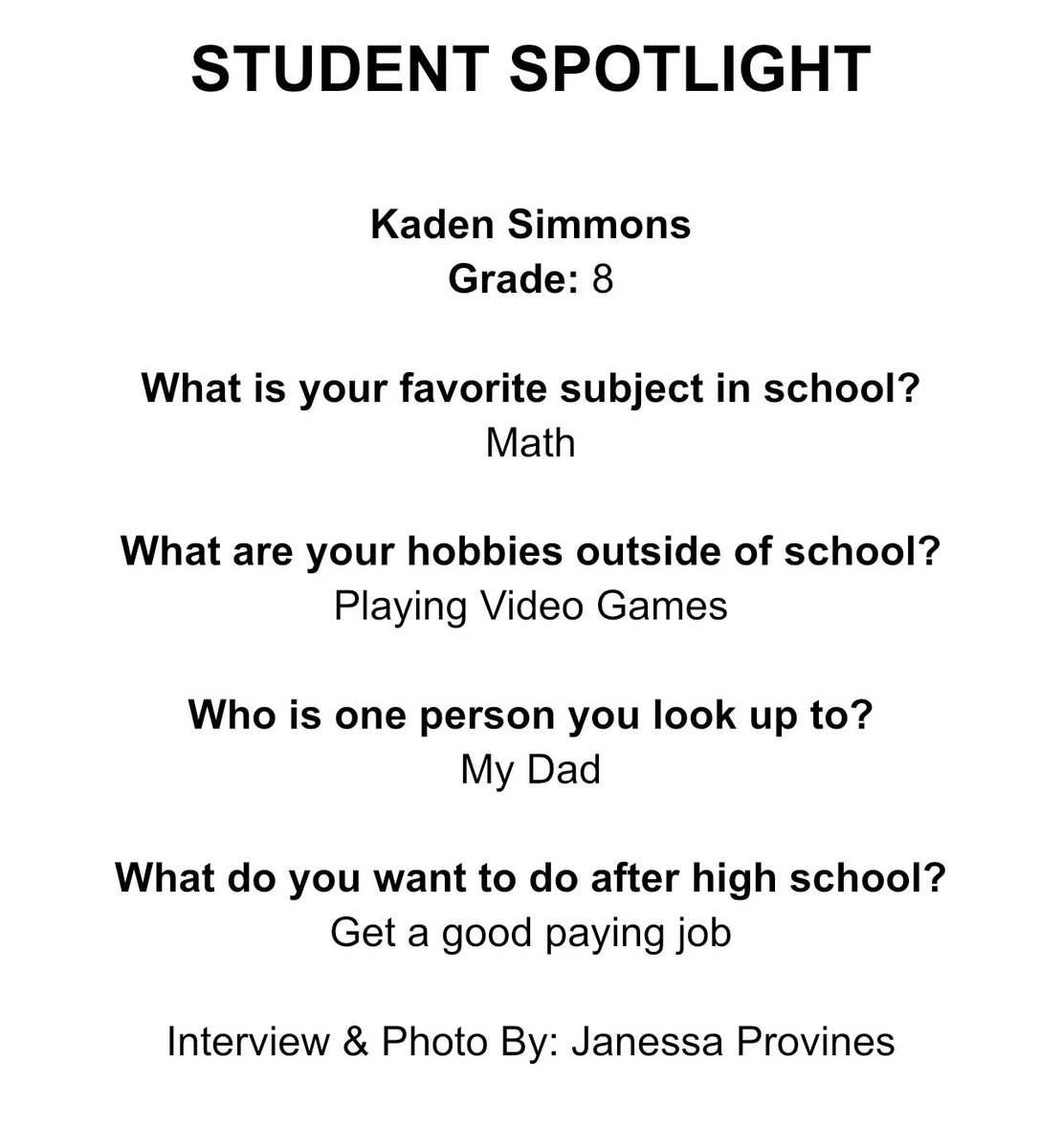 Student Spotlight- Meet Kaden Simmons