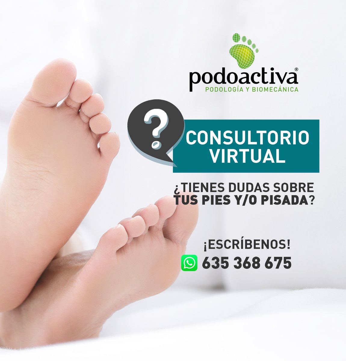 Podoactiva's tweet photo. #CONSULTORIO 💬 | ¿Tienes alguna duda sobre tus #pies en la que podamos ayudarte? 

Desde Podoactiva hemos habilitado un WhatsApp donde nuestros profesionales en #podología y #biomecánica atienden todas las consultas.

📲 ¡Escríbenos tus dudas y envíanos tus fotos al 635 368 675! https://t.co/VqYmJPS8bK