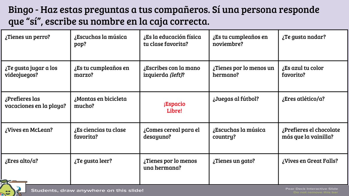 AutumnTYates's tweet image. 8th grade Spanish students reviewed past vocabulary with a "Getting to Know You" bingo activity, and using @PearDeck provided an awesome green alternative to the traditional paper version. @LangleyLeopards #langchat