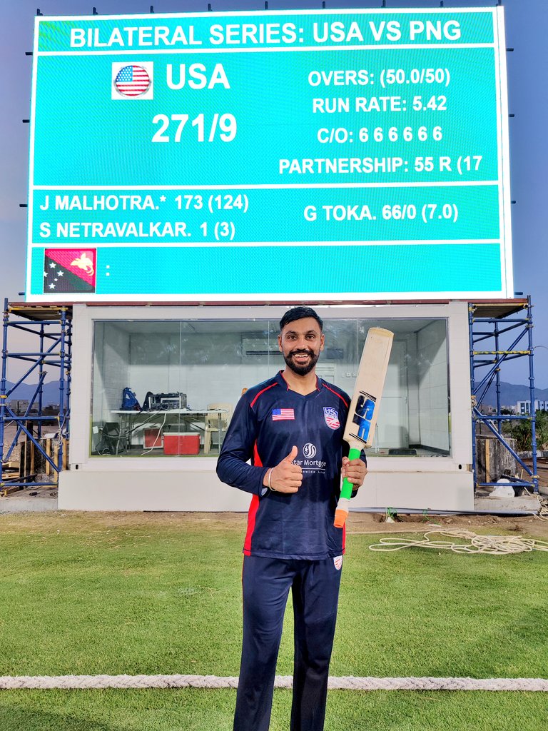 ICC's tweet photo. 🏏 173* runs off 124 balls
💥 4 fours and 16 sixes 
🔥 Six sixes in one over
🚨 First man to score an ODI century for USA

A busy day at the office for Jaskaran Malhotra. 

#USAvPNG | 📸 @usacricket https://t.co/VyVnxX40Xi