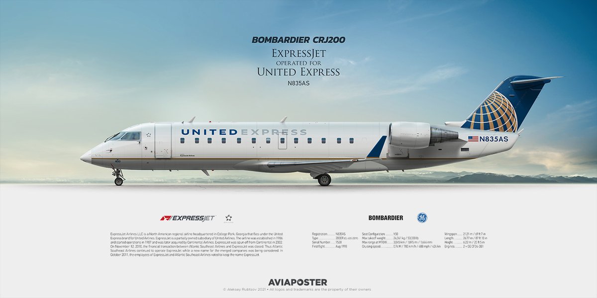 Poster for Aviators. Bombardier CRJ200 ExpressJet. Aviation Profile Prints are a good gift idea for pilot, airline employees and civil aviation fan. The digital drawing of the aircraft is made with special care, high detail and a unique photo collage on the background. Posters are printed on special high-quality matte paper.