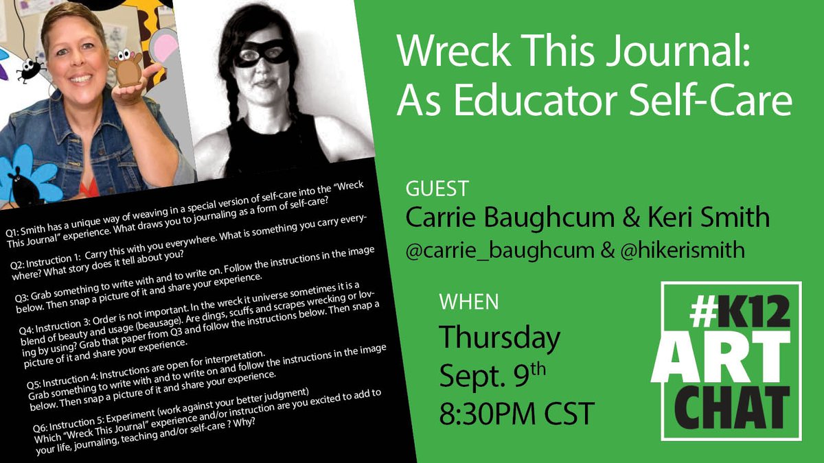 Artguy76's tweet photo. Don't have the actual #Wreckthis Journal? Thats ok! Grab some paper & your fav. art materials & look at the questions from guest host duo w/ @carrie_baughcum & Keri Smith @hikerismith As we talk abt how to use it for Ts self-care, on tonight's #K12ArtChat @SchoolArts https://t.co/kYAzYmcb9U