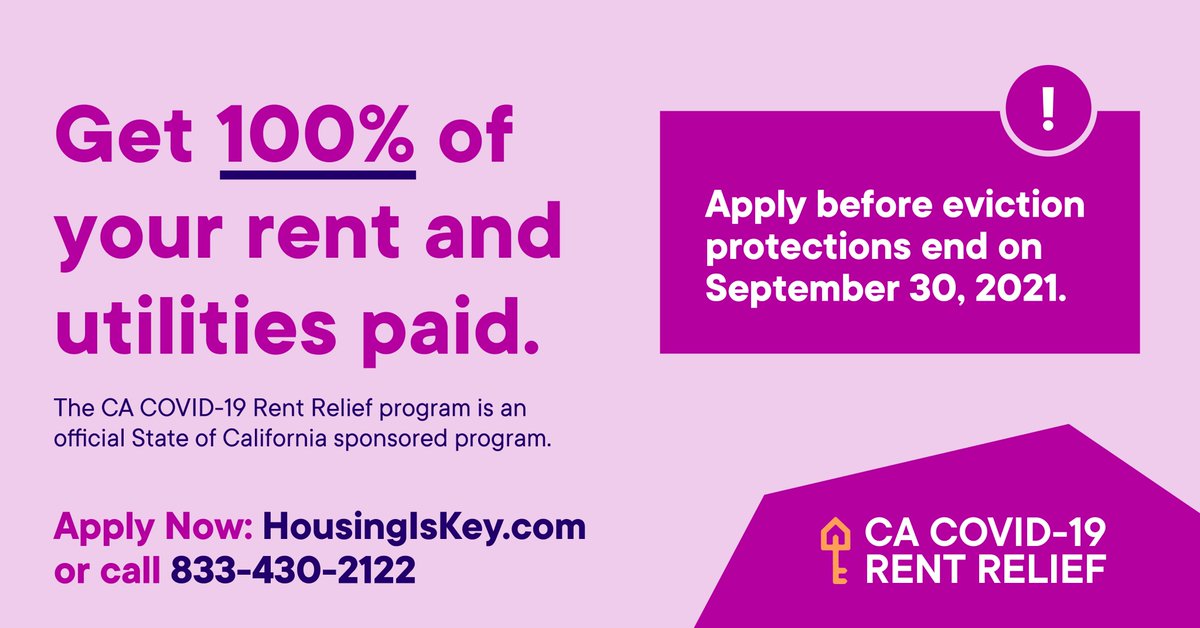 If someone you know is unable to pay rent or utilities due to #COVID19 & are at-risk of eviction, encourage them to apply for 100% assistance through #CARentRelief. California’s eviction protections end on Sept. 30. Check eligibility & apply today at HousingIsKey.com.