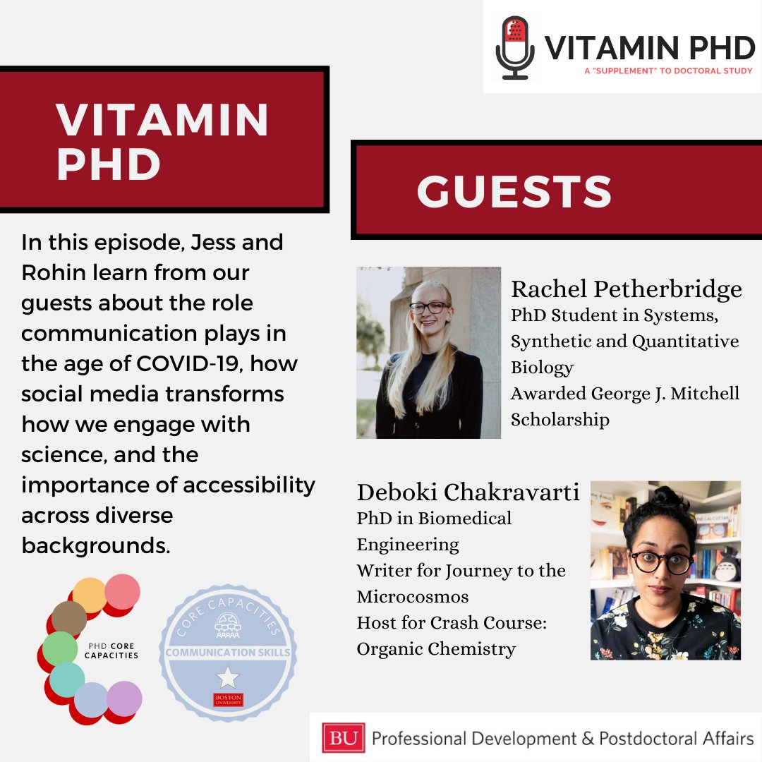 BUvitaminphd's tweet photo. Another #VitaminPhD episode to end your week right! @rohin_banerji and @jlwright168 talk with @RachelPetherbr1 and @okidoki_boki on the role communication plays in the age of COVID-19. Listen here: https://t.co/Gf5gFAgFG4 #phdpd #phdadvice #scicomm https://t.co/tSpoWKyQFL