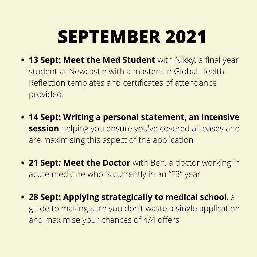 medicsandme's tweet photo. Our program of events this month for any aspiring medics out there, please DM for links 🥰 #wideningparticipation #medicineapplication https://t.co/MHpsck4URA
